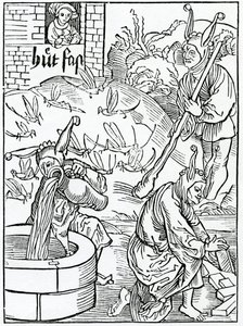 Von dem, der eifersüchtig auf seine Frau ist und ihre Wege ohne Grund oder offensichtliches Zeichen ihres Fehlverhaltens überwacht, Illustration aus Alexander Barclays englischer Übersetzung von 